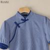 ZANZEA Women Casual Stand Collar Short Sleeve Summer Grid Print Blouse