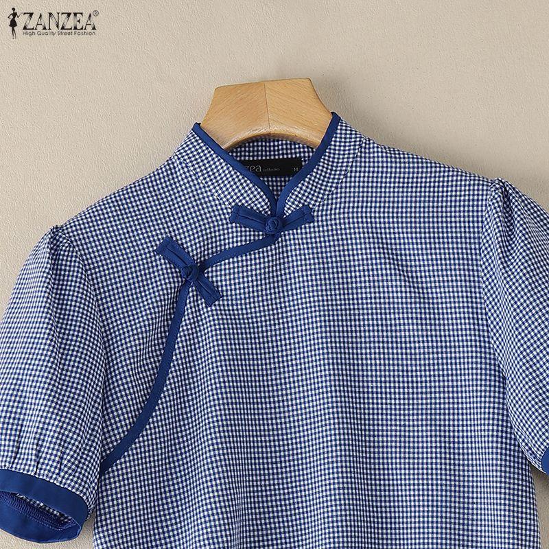 ZANZEA Women Casual Stand Collar Short Sleeve Summer Grid Print Blouse
