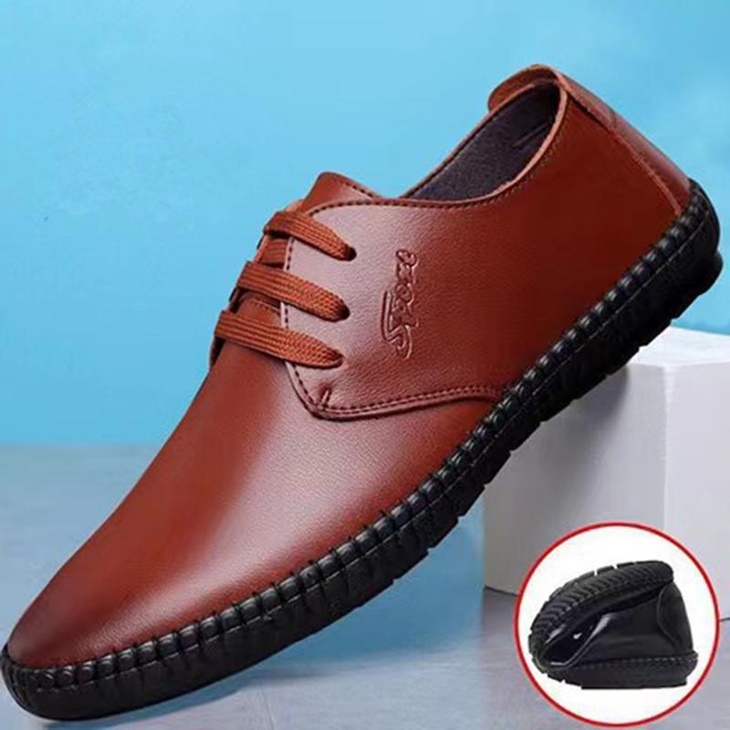 Spring New Lace-up Soft Leather Soft Surface Soybean Shoes Lightweight Lazy Driving Shoes Men