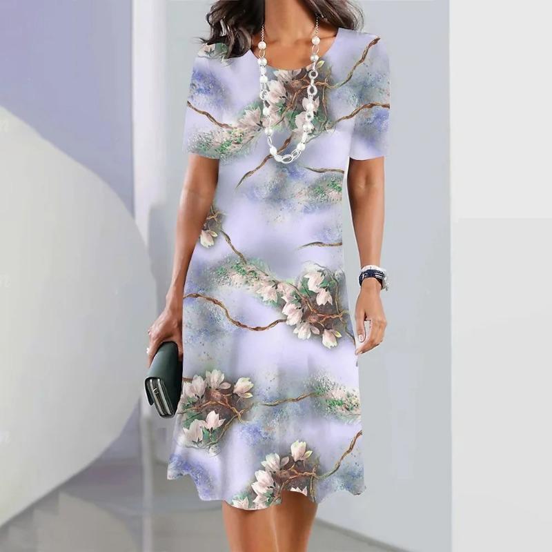 Elegant Floral Print Midi Dress Summer Women's Loose A-Line Dress Digital Printing Round Neck Short Sleeve Comfortable Fit