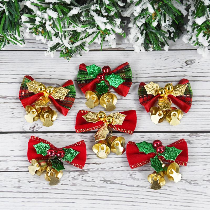 6pcs Christmas Bow With Bell Mini Xmas Tree Bowknot Pendant Ornaments For Home Decoration 2024 Navidad New Year Party DIY Gifts