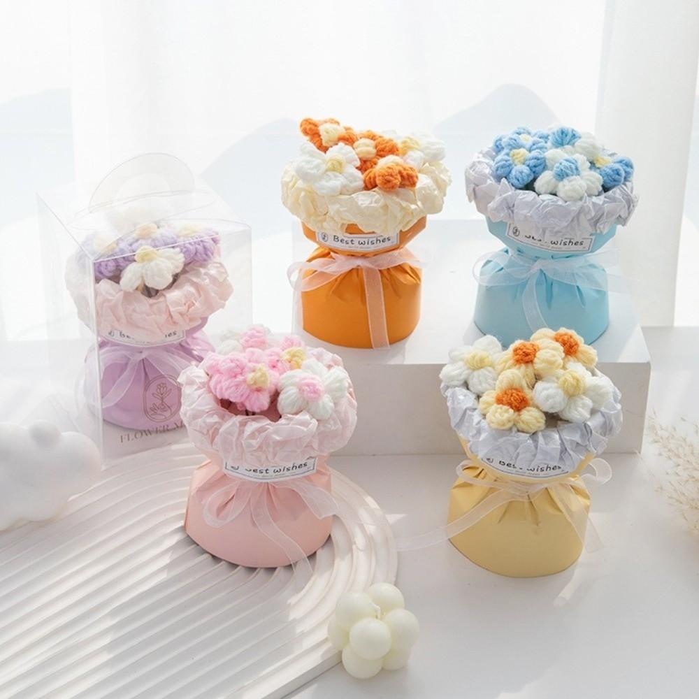 Handmade Knitted Finished Rose Flowers Bouquet Room Decoration Colorful Mini Finished Crochet Bouquet Birthday Valentine's Gift