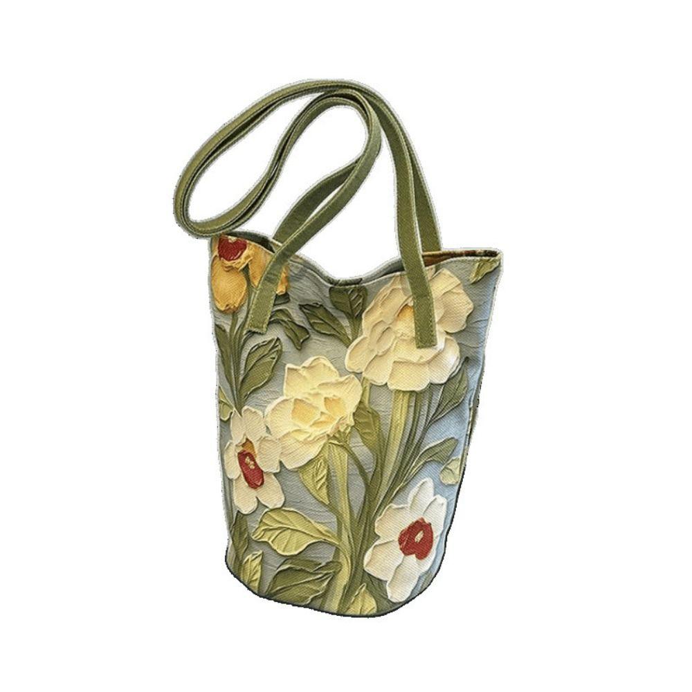 Canvas Material Floral Pattern Bucket Bag Floral Design Creative Canvas Handbag  Outdoor Activities