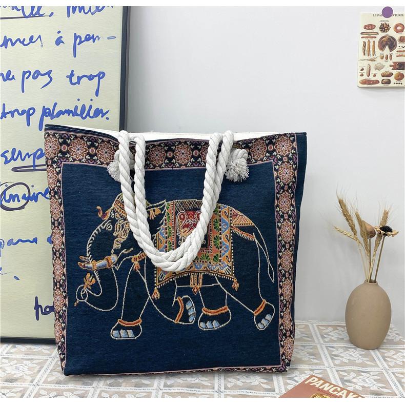Ethnic Style Elephant Embroidered Canvas Shoulder Bag With Cotton Rope Strap For Casual Travel