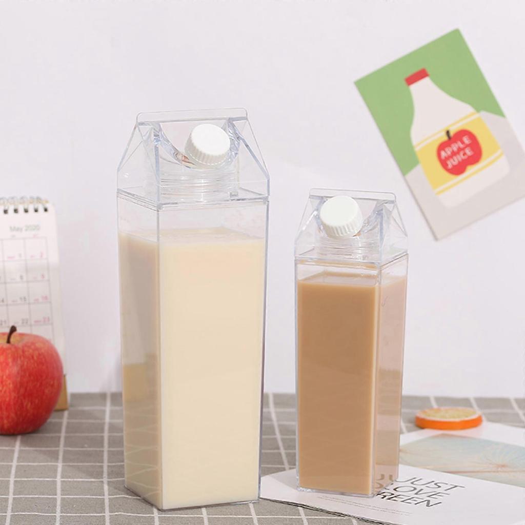 Milk Carton Water Bottle Clear Square Milk Bottles Plastic Leak Proof Cup 1000ml, Reusable Transparent Milk Cardboard Water Bottle