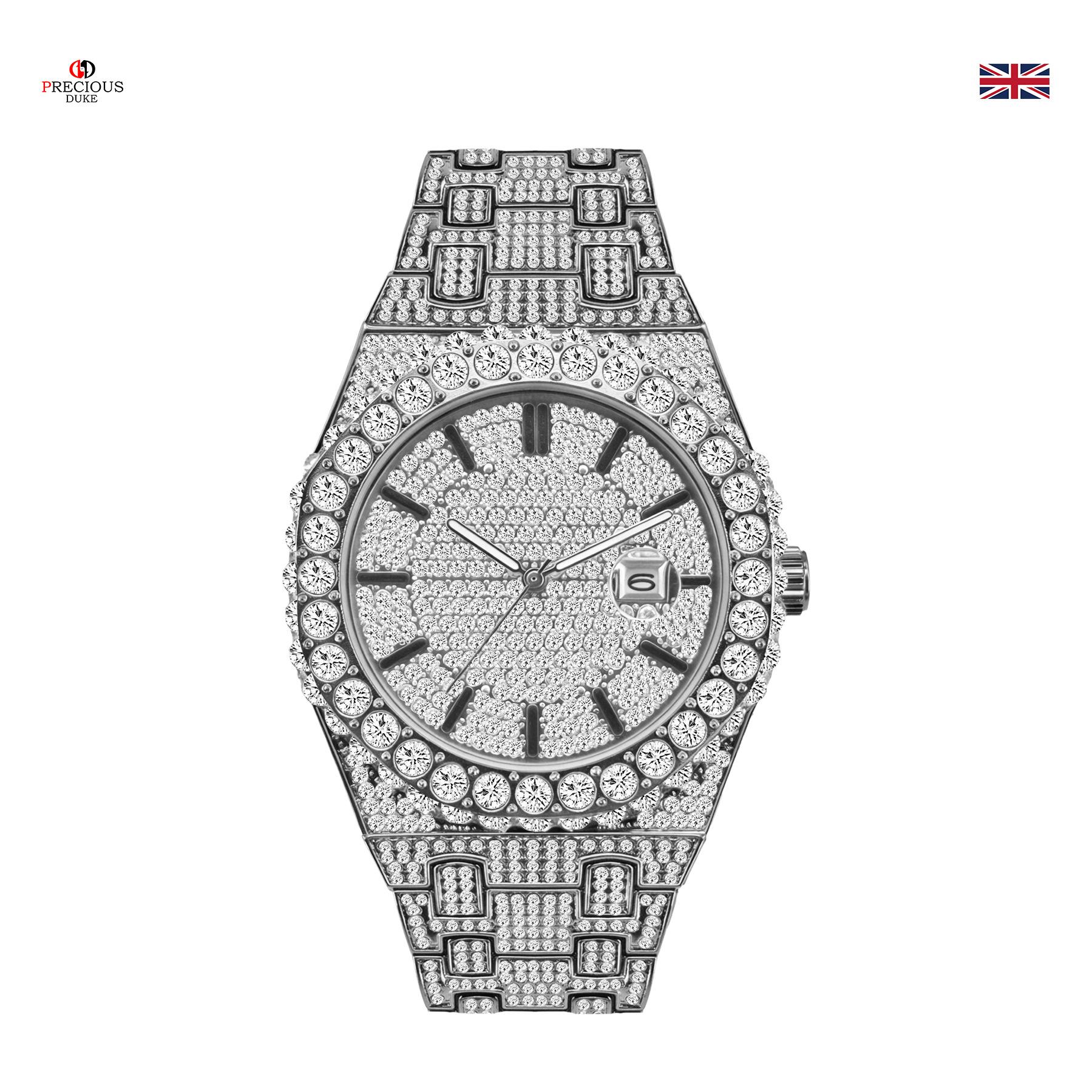 

Men s Iced Out Watch - Luxury Crystal Diamond Quartz Wristwatch Golden Tone Hip Hop Jewelry Watches for Men серебряный