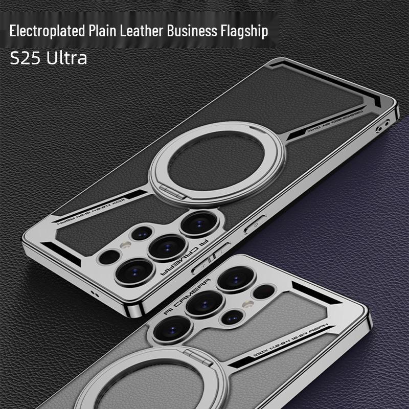 Samsung S25 Ultra Protective Case with Magnetic Rotating Stand – Anti-fall, Electroplated Leather Cover