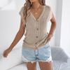 Spring and Summer Casual Solid-Colored Buttoned V-Neck Knit Dress Shirt Women's Vacation Top
