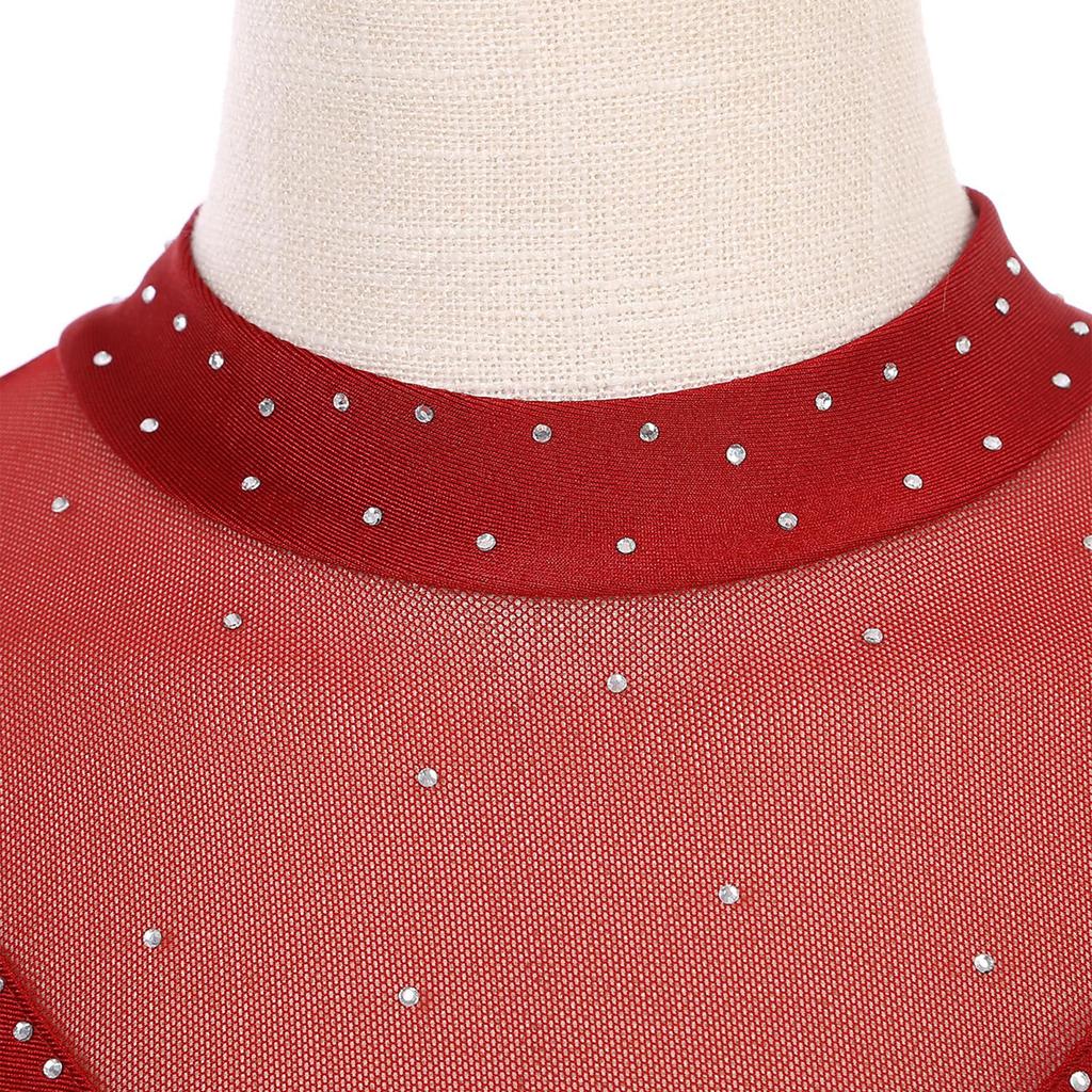 Damen Schlittschuhlauf Outfit Tanzwettbewerb Kostüm Glitzer Strass Netz Langarm Unregelmäßiger Saum Kleid
