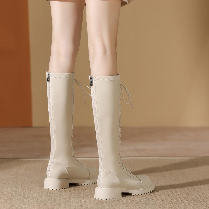 White knight boots women's autumn and winter soft leather lace-up thick-soled boots women's thick-heeled long boots high boots piled and thickened
