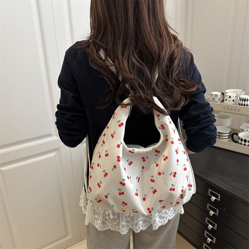Literary and sweet shoulder armpit bag, fresh printing casual large-capacity tote bag, student class commuting backpack