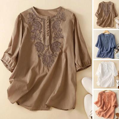 Damen Top bestickt Rundhals elegant Kurzarm Baumwolle Leinen Sommer Vintage Stickerei Top weibliches Tuch