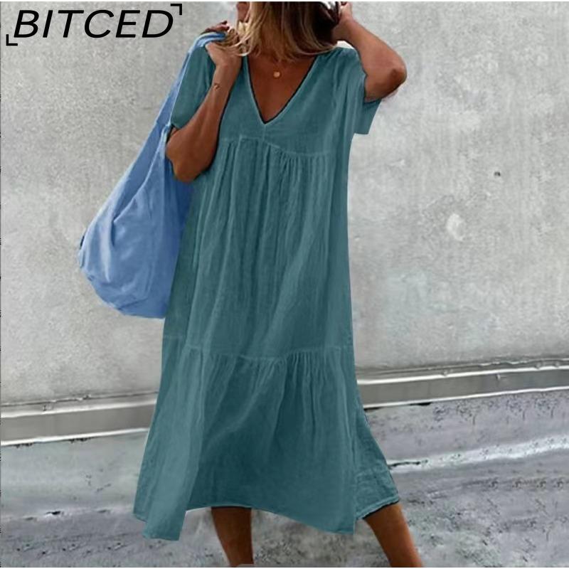 BITCED Women's Fashion Summer Spring Solid Color Print Short Sleeve V-Neck High Waist Casual Dresses
