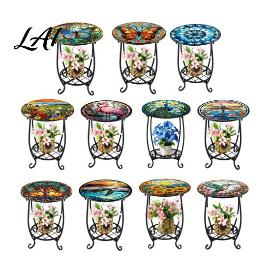 Butterfly Pattern Table Outdoor Side Table Round Small Mosaic Bird Patio Accent Indoor End Plant Coffee Tea for Yard Porch Garden Living Room,