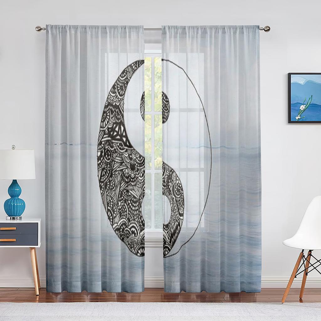 Oriental Themed Dragon with Yin Yang Curtains for Living Room Decoration Modern Sheer Kitchen Bedroom Window Curtain 2panels