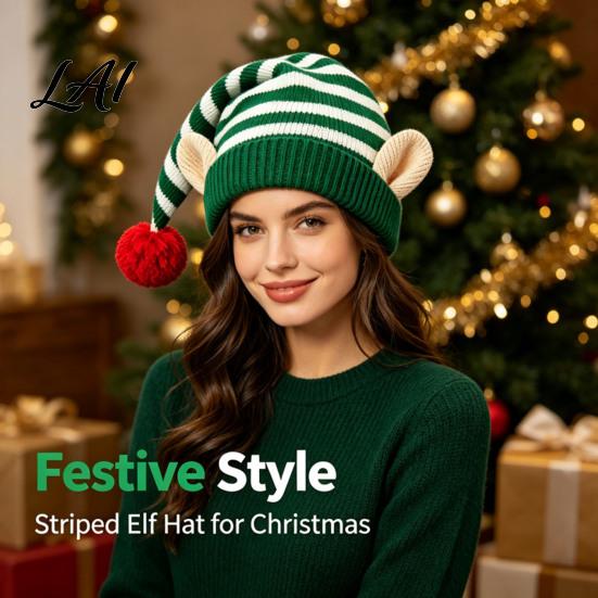 Comfortable Elastic Hat Christmas Elf Knitted Hat Ears And Fluffy Fur Ball Decor Soft Funny Cosplay Headwear Acrylic Striped Cap for Winter Festive
