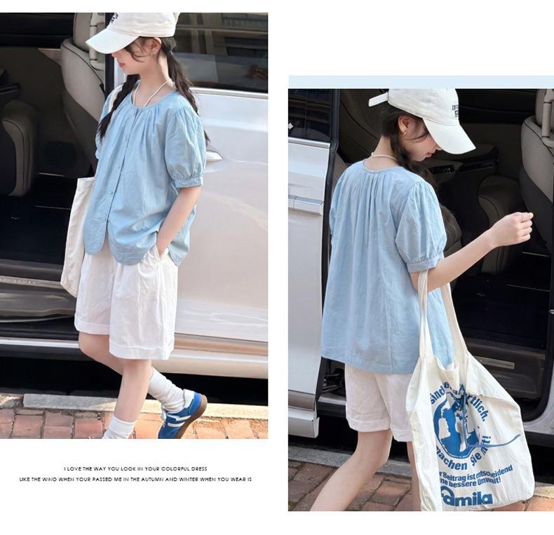 Girls' Korean Style Short-Sleeve Doll Shirt & Casual Shorts Two-Piece Summer Set
