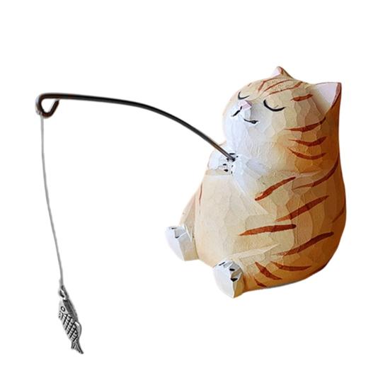 Hand-Carved Wood Ornaments Fishing Cat Sculpture Miniature Solid Wood Desktop Decor Eco-Friendly Painted Cat Figurine for Home Office Gift