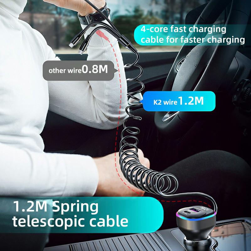 K2S PD 65W Phone Fast Charging Adapter USB+Type-C Car Charger with Type-C/8-Pin Spring Cable