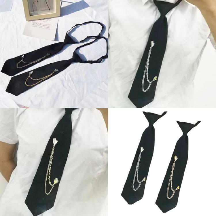 Punk Doppelherz Kette Krawatte für Damen Herren Student Japanisch Vorgebunden Verstellbar Schwarze Krawatten für Uniform Schulhemd