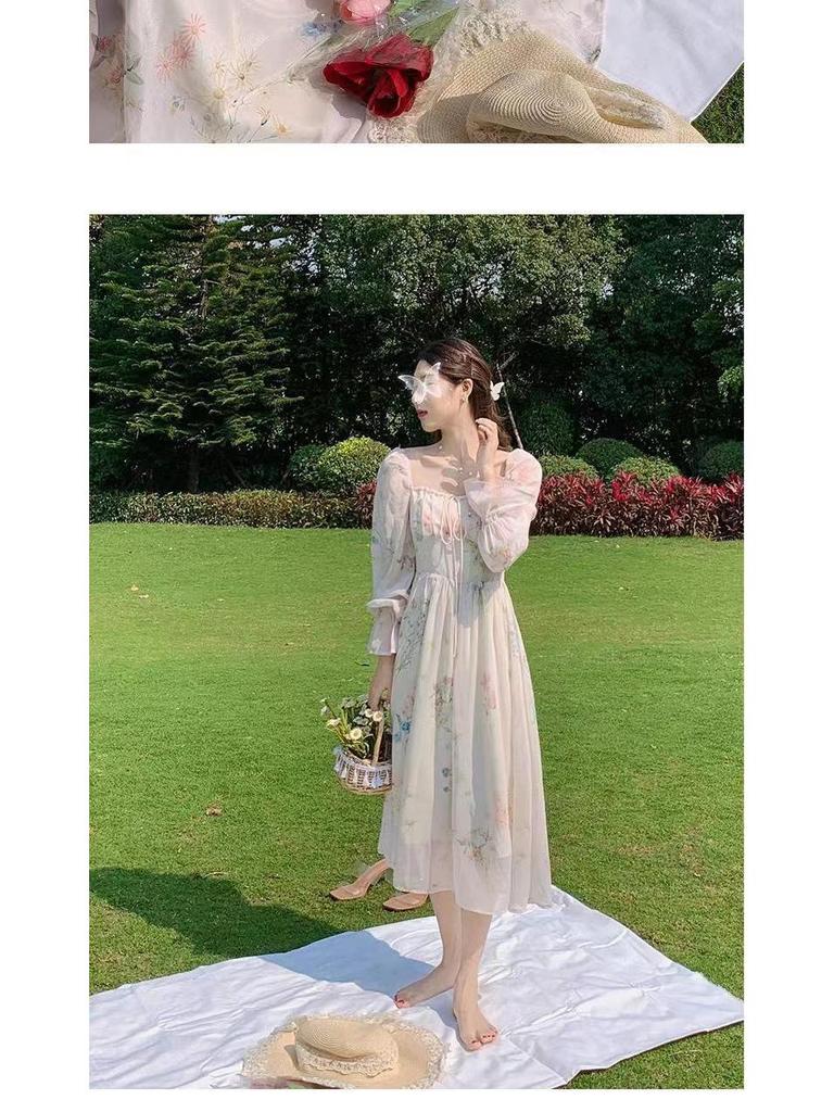2024 Floral French Tea Break Chiffon Dress for Women - Spring Style with Goddess Elegance