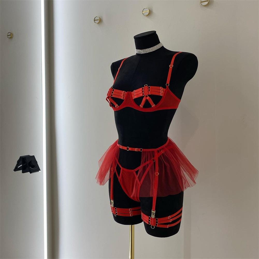 Aduloty Summer Women's Sexy Lingerie Underwire Bra Lace Stitching Garter Leg Ring Thin Section Temptation Erotic Underwear Set