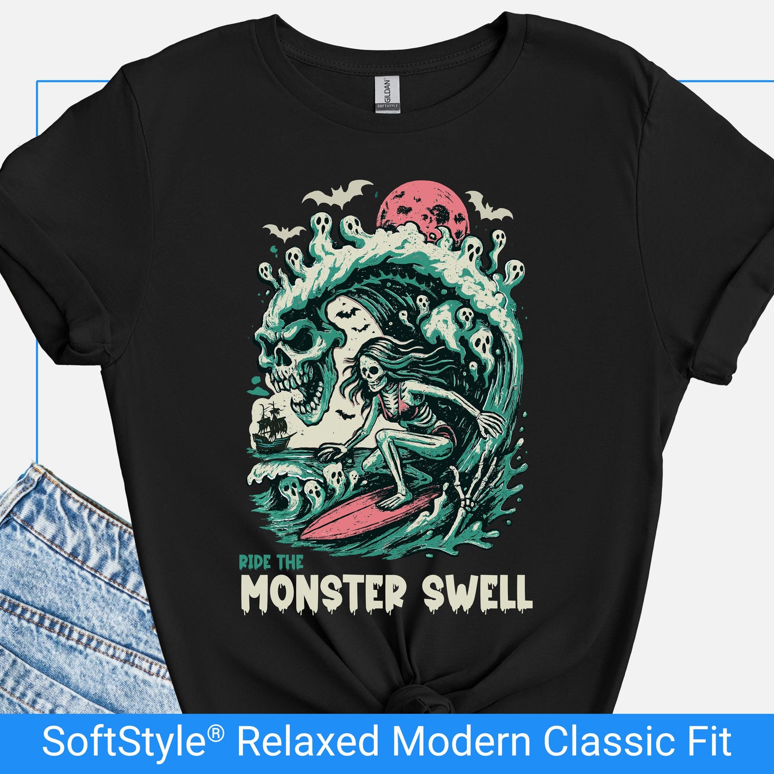 Skeleton Surfer Halloween Shirt, Ride The Monster Swell Tee, Summerween Surf T Shirt, Gothic Skeleton Beach Tshirt, Spooky Shirt Gift 2XL