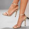 Gold Narrow Band Heeled Sandals Women Fashion Square Toe Ankle Strap Buckle Dress Shoes Women Sexy Open Toe Brand Designer Shoes