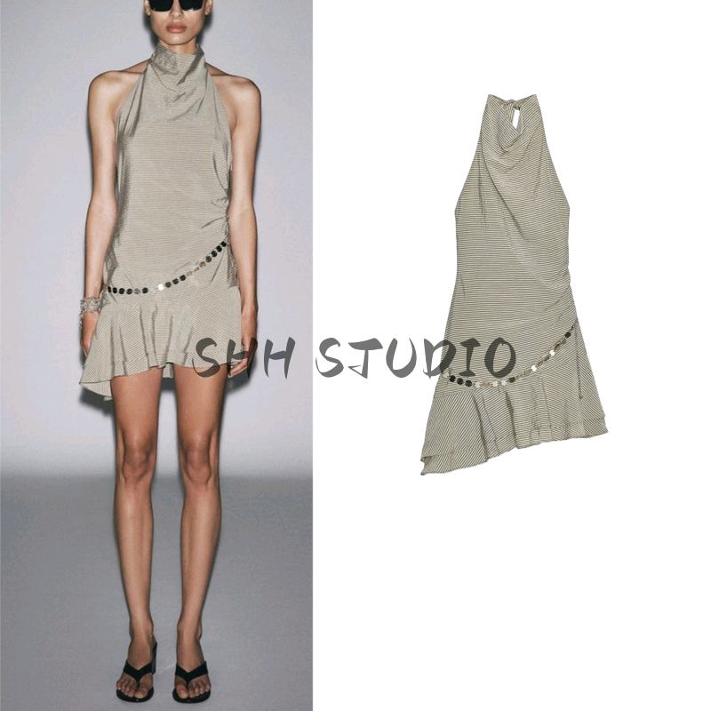 Summer New Product Women's Clothes Ins Style Bowknot Decoration Hanging Collar Stripes Belt Short Dress 8066246