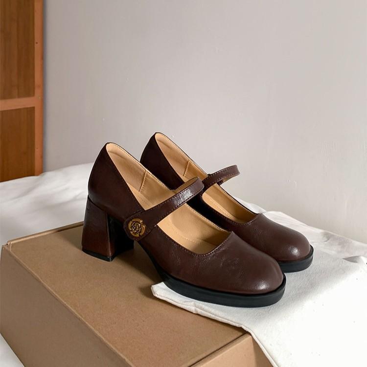 Washed cowhide~ Camellia leather thick heel high heels women's retro platform small leather shoes Mary Jane single shoes ladyshoes