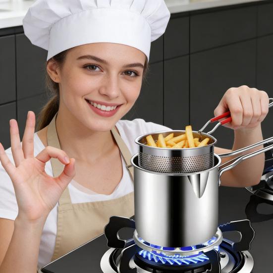 1,2L Rostfri Fritösgryta med Korgklämma Stor Kapacitet Tål Diskmaskin Fritering Matlagningsolja Filter Baconfettbehållare Köksredskap