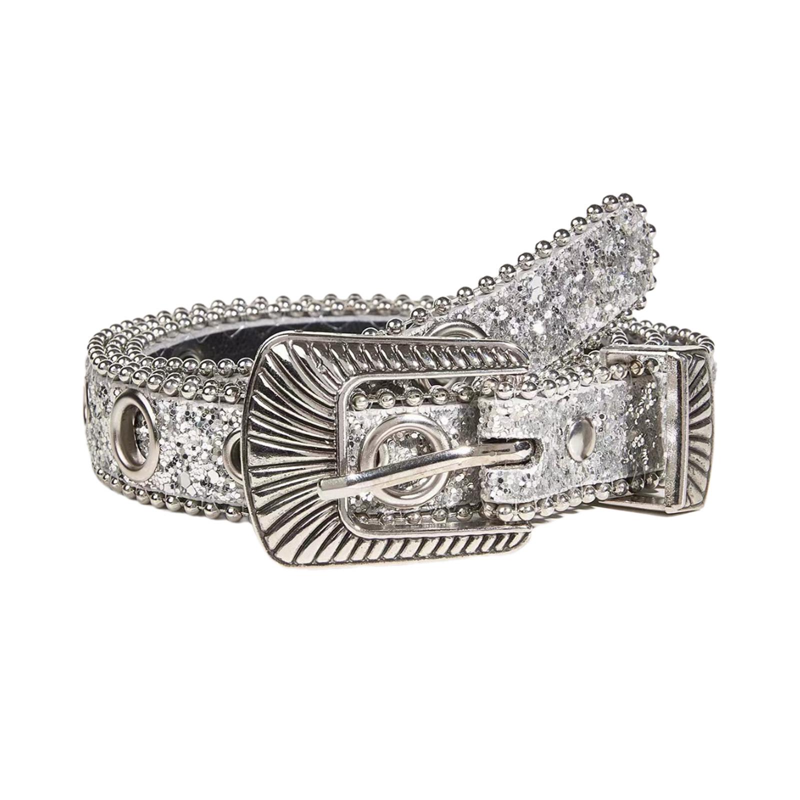 

Blingbling Sequined Belt Aesthetic Big Eyelet Belt Gothic Pants Belt Girl PU Waistband Female Western Cowboy Waiststrap M серебряный