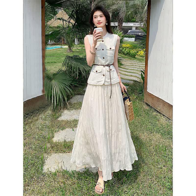 Elegant Sleeveless Shirt & A-line Skirt Set