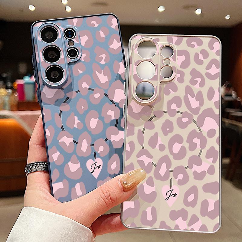Magnetic For Magsafe Case For Samsung Galaxy S26 Ultra S25 Edge S24 Plus S23 FE S22 A54 A55 A56 5G Pink Leopard Print Matte Cover