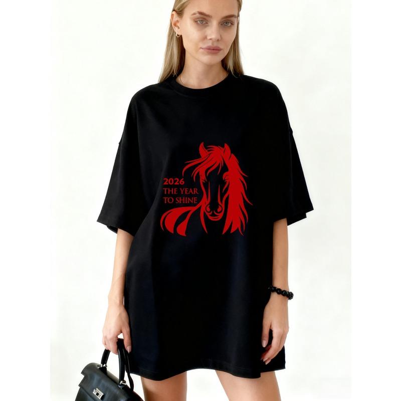 Oversized T-Shirt Black Horse Graphic 2026 The Year To Shine Print Casual Wear For Women Fashion Statement Top Streetwear Trendy Outfit