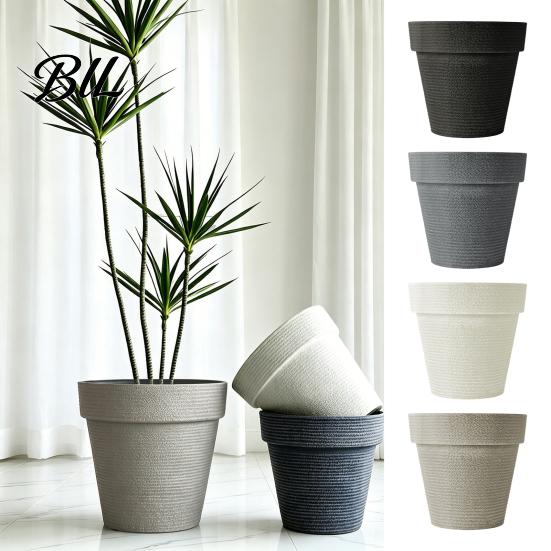 Large Resin Flower Pots for Indoor Plants Round Planter with Drainage Hole, 12 Inch Dia Stone-Look Sturdy Backyard Landscaping Pot, Modern Minimalist
