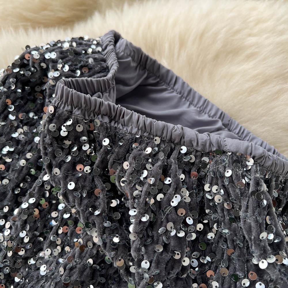 Špičkový Niche Design Flitry Sukně s vysokým pasem Dámské Podzimní Francouzské Retro Mididélka Obepínající boky Šaty