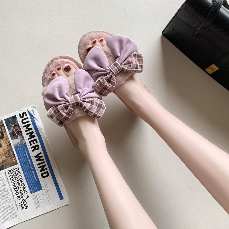 Fashion Casual Fluffy Slippers Women House Flats Fashion Winter Bowknot Designer Shoes Ladies Home Plush Platform Elegant Footwear 2025
