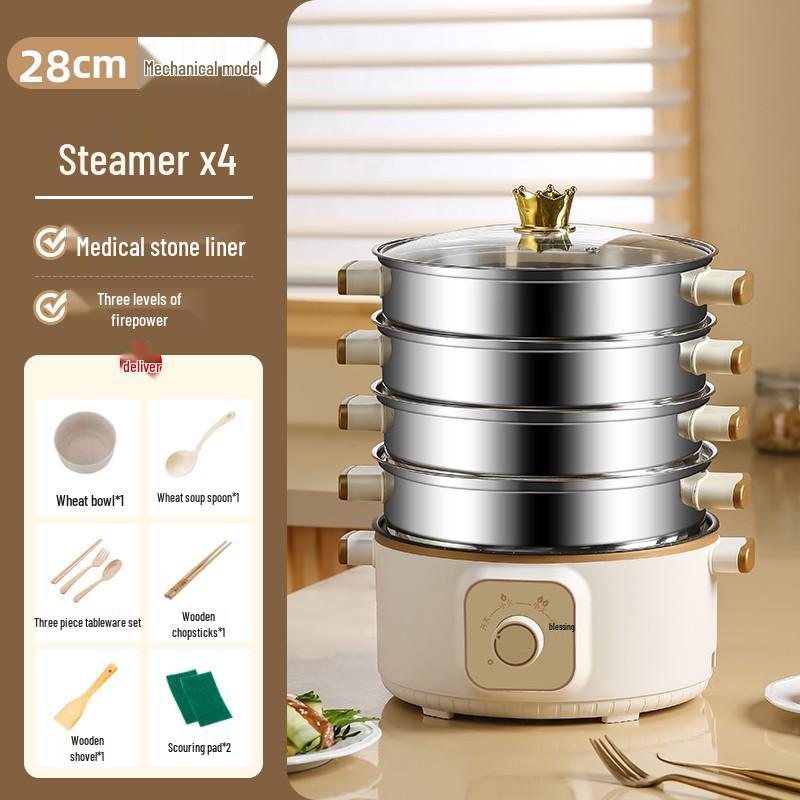 Wielofunkcyjny parowar elektryczny: Stal nierdzewna, Trójwarstwowy, Minutnik, do gotowania na parze, gotowania i duszenia