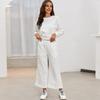 Yousheng 2 Pcs/Set Women Top Pants Suit Round Neck Long Sleeves Textured Solid Color Sweatshirt Drawstring Elastic Waist Wide Leg Trousers Daily Wear