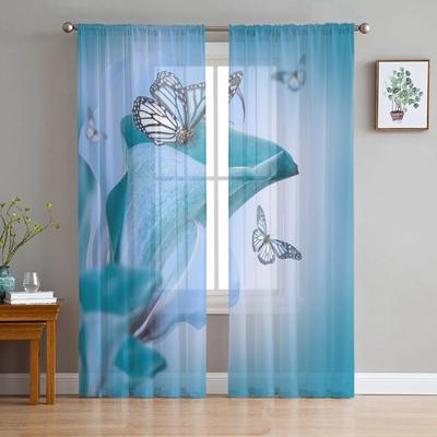 Motyl Kwiat Niebieski Roślina Przezroczysta Zasłona do Salonu Hall Wall Dress Up Home Window Supplies Pop Print Tiulowe Zasłony
