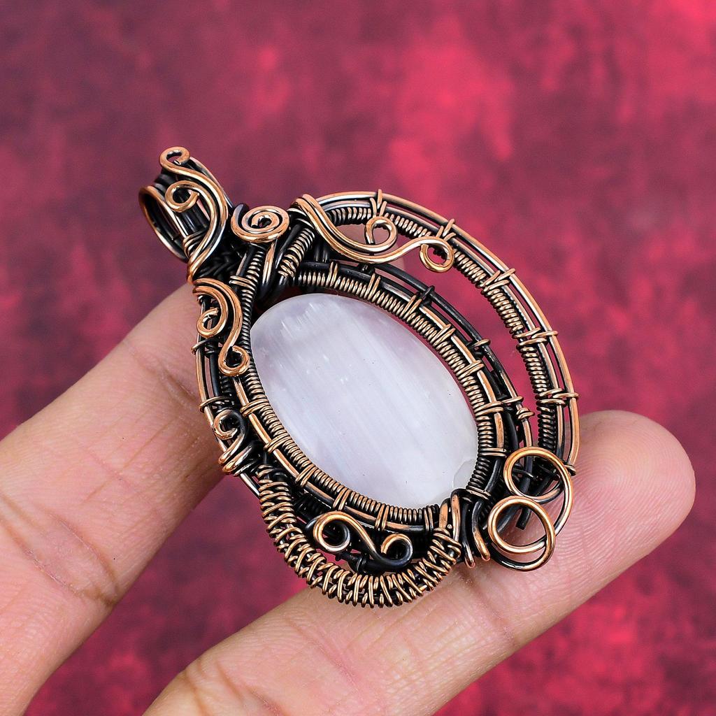 Selenite Pendant Copper Wire Wrapped Pendant Handmade Natural Gemstone Pendant Copper Jewelry Gift for Mom Designer Pendant Selenite Jewelry