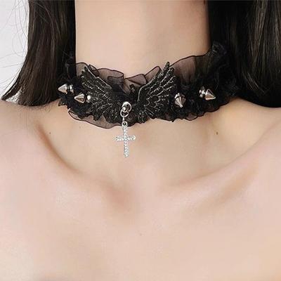 Hollow Black White Lace Choker Necklace Cross Bling Angel Wing Rivet Chokers Vintage Punk Gothic Jewelry Goth Necklace for Women