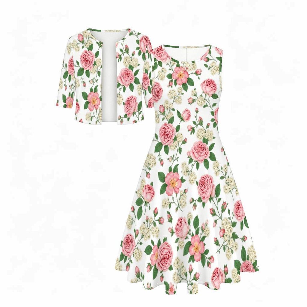 Women Plus Size Two Piece Set Round Neck Sleeveless Flared Dress Mid Sleeve Cropped Cardigan Blue White Floral Printed