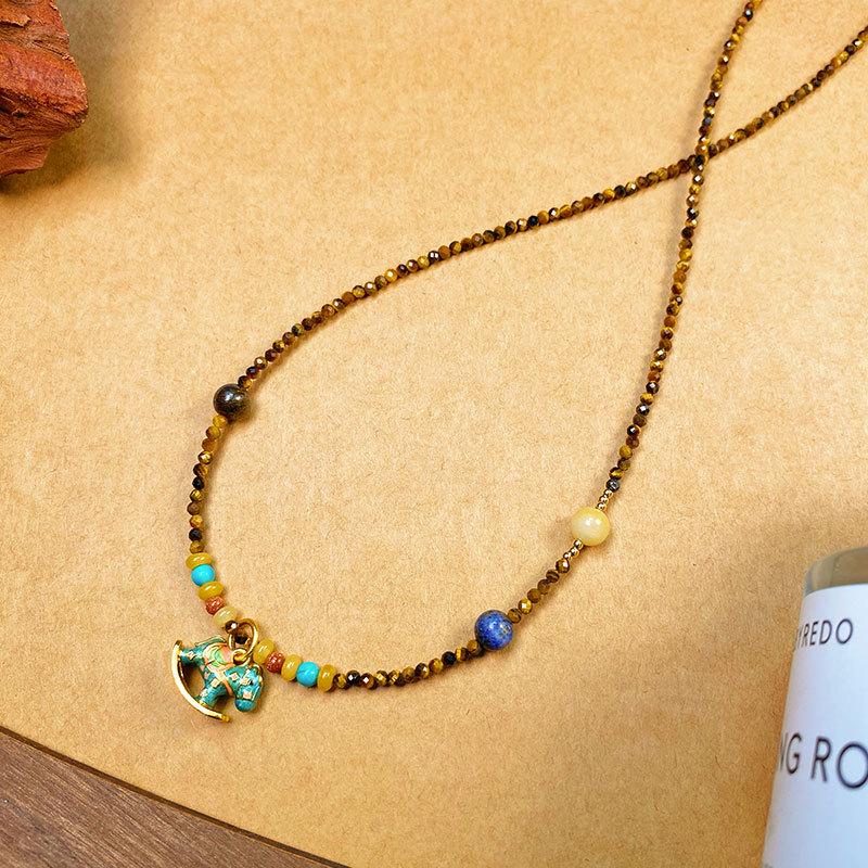 Vintage Tiger Eye Stone Necklace with Gilded Rocking Horse Pendant - 2025 Elegant Design Clavicle Chain.