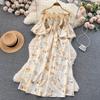 Floral Print Strapless Dress Women French Slash Neck Flare Sleeve Elastic Waist Lady Vacation Fashion Slm A Line Dress