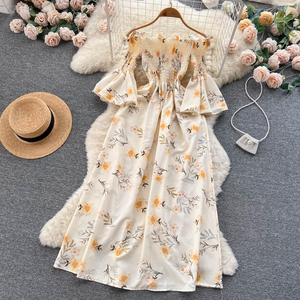 Floral Print Strapless Dress Women French Slash Neck Flare Sleeve Elastic Waist Lady Vacation Fashion Slm A Line Dress