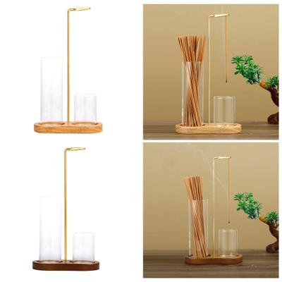 Incense Stick Holder with Transparent Glass Ash Catcher Wooden Base Incense Burner with Clip Home Office Desktop Yoga Meditation Decoration