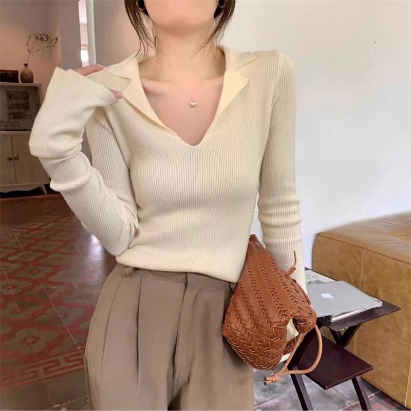 Polo Lapel Knitted Inner Sweater Women's Autumn and Winter New Slim and Thin Versatile Long-sleeved Bottoming Shirt Top