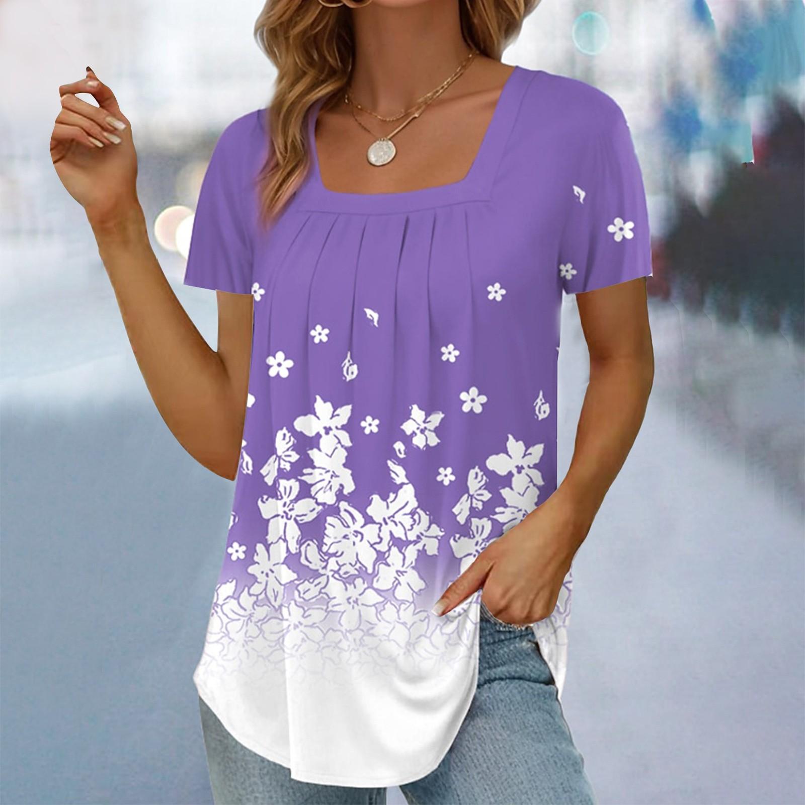 

Женская модная свободная футболка с квадратным вырезом и цветочным принтом, плиссированная футболка с короткими рукавами, летний повседневный пуловер, топ 5XL фиолетовый